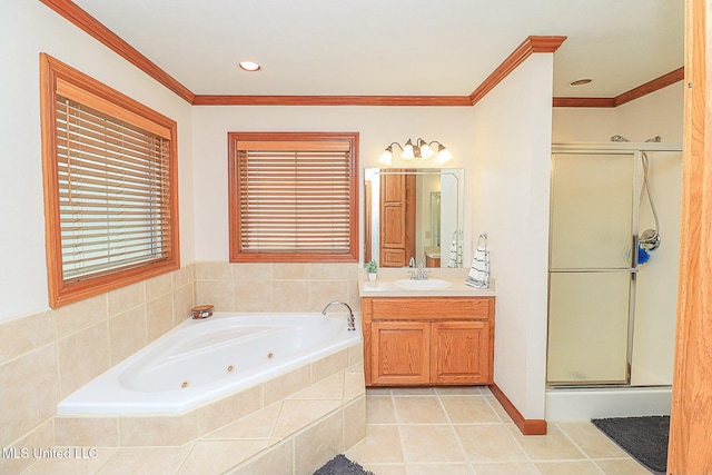 full bath with a stall shower, tile patterned flooring, and ornamental molding