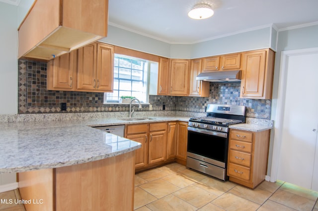 kitchen featuring decorative backsplash, light stone counters, ornamental molding, sink, and stainless steel gas range