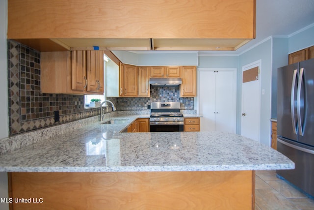 kitchen with decorative backsplash, kitchen peninsula, sink, appliances with stainless steel finishes, and light stone counters