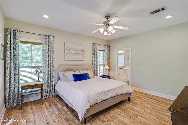105 Speers Valley Rd, Brandon, MS 39042 - bedroom with baseboards, light wood finished floors, ceiling fan, ensuite bath, and recessed lighting