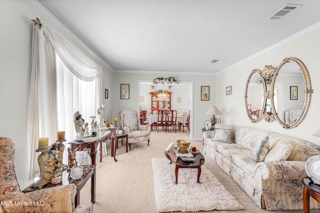 living room featuring light carpet, a textured ceiling, and crown molding