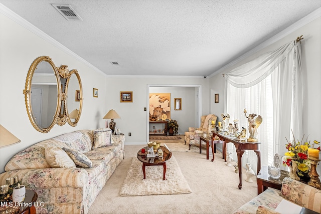 carpeted living room with ornamental molding and a textured ceiling