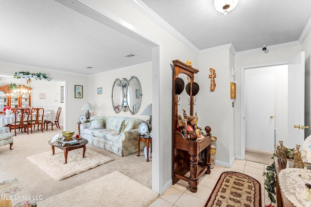 living room featuring crown molding, light tile patterned floors, and a textured ceiling