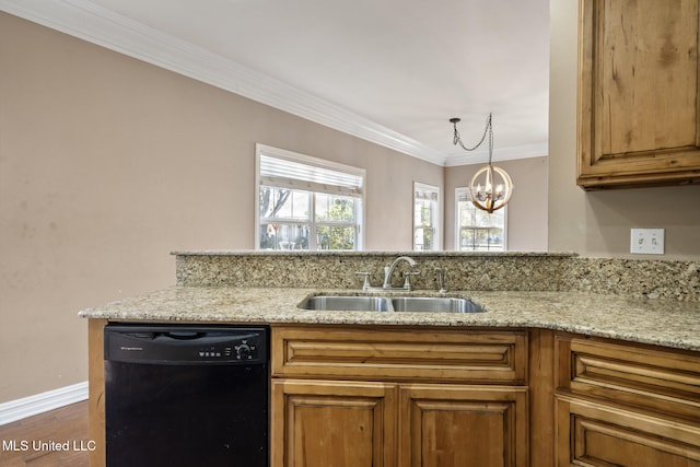 kitchen with black dishwasher, a sink, light stone countertops, and crown molding