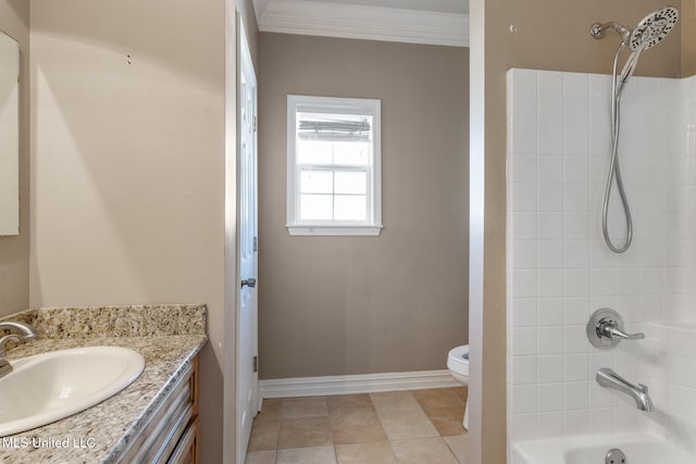 full bathroom with toilet, shower / bath combination, vanity, tile patterned floors, and crown molding