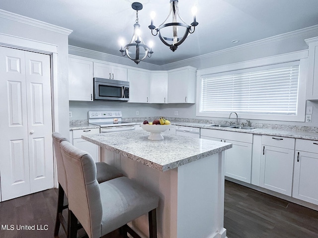 kitchen with white cabinetry, white electric stove, sink, and dark wood-type flooring