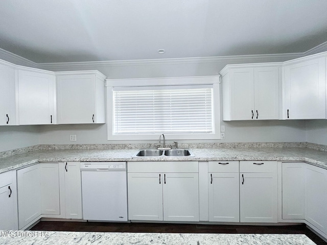 kitchen with crown molding, white dishwasher, sink, and white cabinets