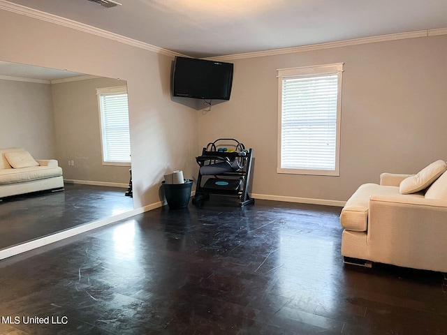 living area featuring ornamental molding and dark hardwood / wood-style flooring