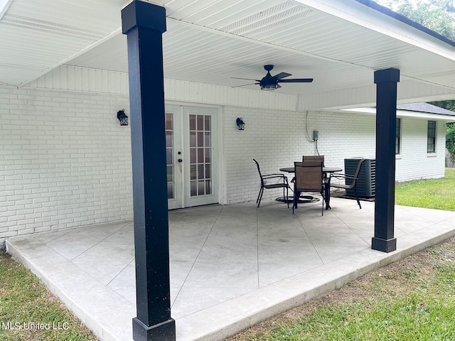 view of patio with french doors and ceiling fan