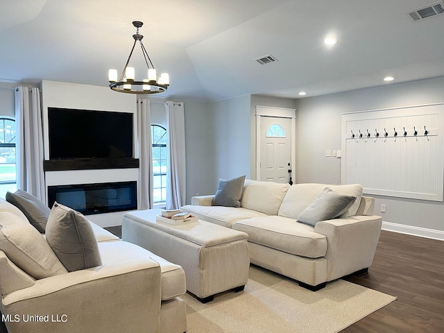 106 Piney Ridge Rd, Waveland, MS 39576 - living room featuring recessed lighting, visible vents, dark wood-style floors, and an inviting chandelier