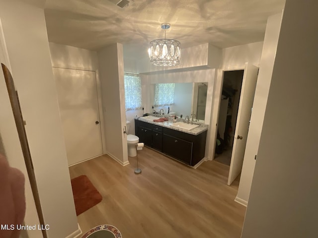 13137 Old Port Gibson Rd, Utica, MS 39175 - bathroom with wood finished floors, toilet, vanity, and an inviting chandelier