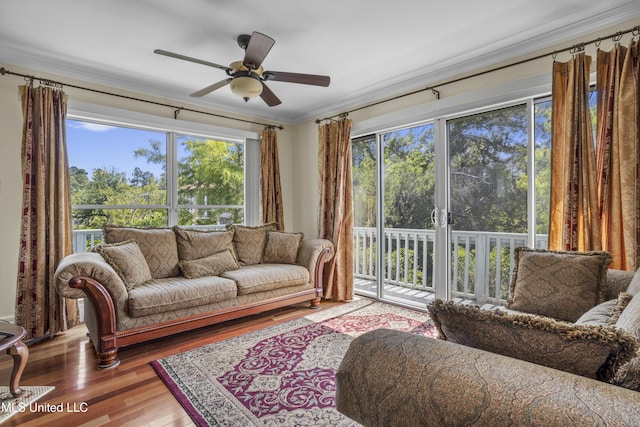 420 N Caribe Pl, Gulfport, MS 39507 - living room featuring ceiling fan, wood finished floors, and crown molding
