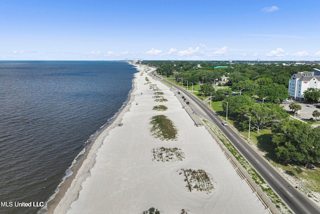 aerial view featuring a water view and a view of the beach