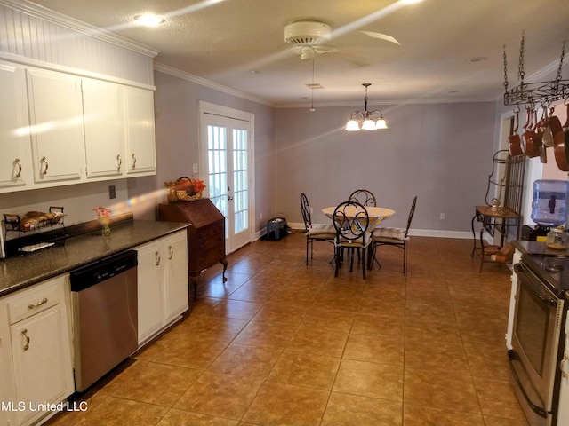 701 W Gresham St, Indianola, MS 38751 - kitchen featuring crown molding, white cabinets, black electric range oven, pendant lighting, and dishwasher