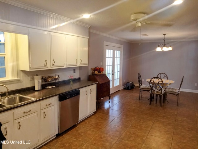 701 W Gresham St, Indianola, MS 38751 - kitchen with dishwasher, ornamental molding, white cabinetry, and sink