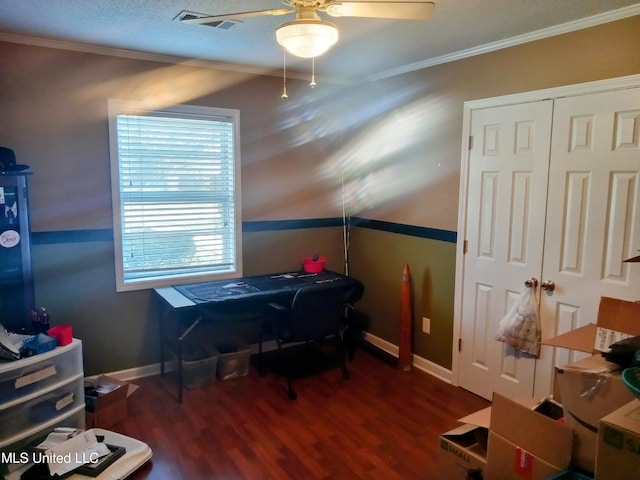 701 W Gresham St, Indianola, MS 38751 - office featuring dark hardwood / wood-style flooring, ceiling fan, and crown molding