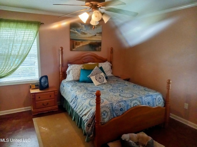 701 W Gresham St, Indianola, MS 38751 - bedroom with ceiling fan, crown molding, and dark carpet