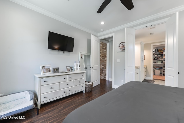 802 Old Spanish Trl, Bay Saint Louis, MS 39520 - bedroom featuring wood finished floors, crown molding, baseboards, recessed lighting, and a ceiling fan