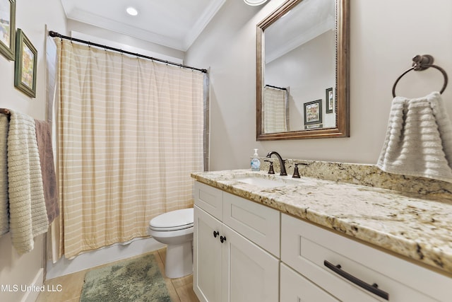 802 Old Spanish Trl, Bay Saint Louis, MS 39520 - bathroom featuring ornamental molding, toilet, vanity, shower / bath combo with shower curtain, and recessed lighting
