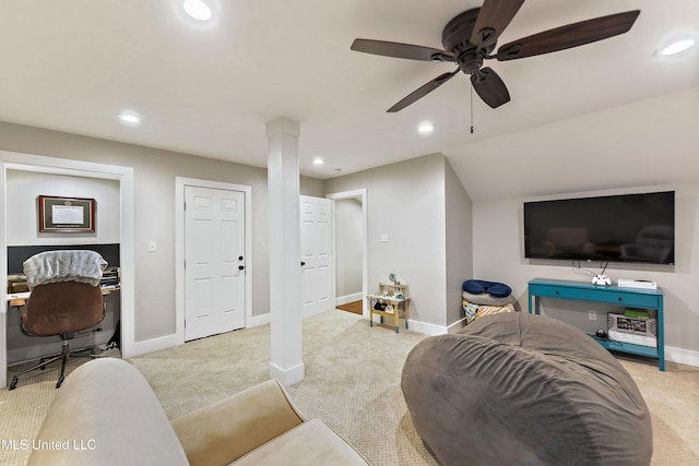 802 Old Spanish Trl, Bay Saint Louis, MS 39520 - living room featuring light carpet, a ceiling fan, baseboards, and recessed lighting
