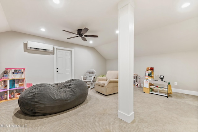 802 Old Spanish Trl, Bay Saint Louis, MS 39520 - recreation room featuring a wall mounted air conditioner, vaulted ceiling, recessed lighting, carpet, and ornate columns