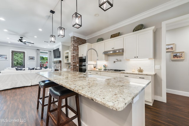 802 Old Spanish Trl, Bay Saint Louis, MS 39520 - kitchen with under cabinet range hood, stainless steel appliances, crown molding, dark wood-style floors, and recessed lighting