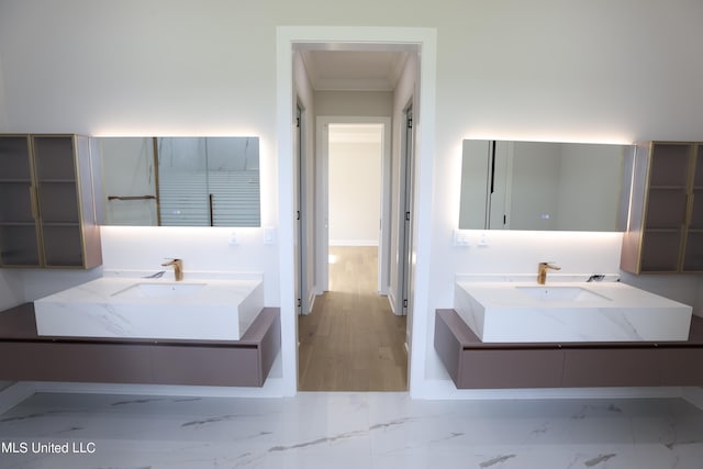 bathroom with vanity, crown molding, and hardwood / wood-style flooring