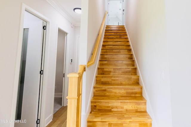 staircase with ornamental molding and wood-type flooring