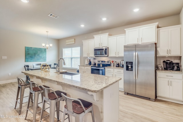 kitchen featuring white cabinetry, sink, a kitchen island with sink, and appliances with stainless steel finishes