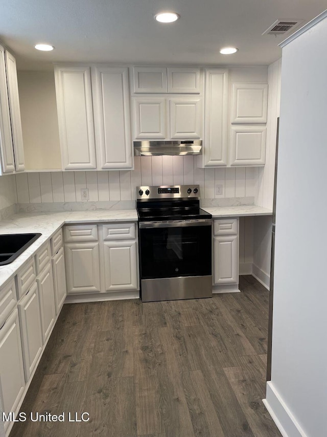 kitchen featuring decorative backsplash, light stone counters, dark hardwood / wood-style floors, white cabinetry, and stainless steel electric range