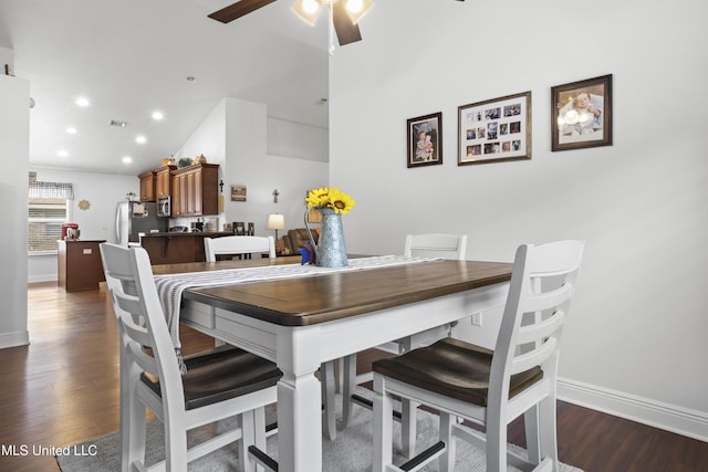 13703 Windwood Dr, Gulfport, MS 39503 - dining space featuring a ceiling fan, dark wood-style flooring, baseboards, and recessed lighting