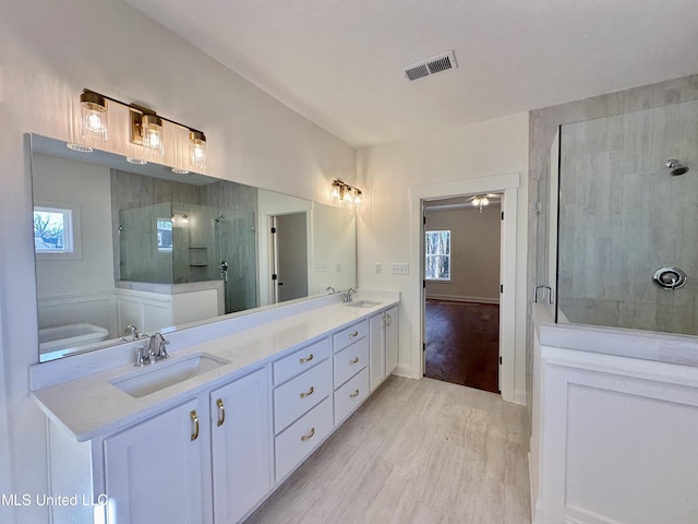 bathroom featuring vanity, a shower with shower door, and wood-type flooring