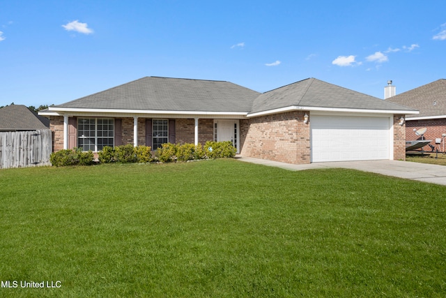 single story home featuring a front lawn and a garage