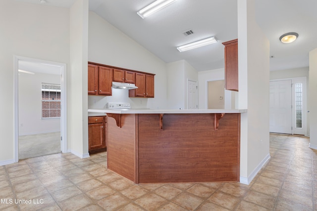 kitchen featuring white range oven, a kitchen bar, high vaulted ceiling, and kitchen peninsula