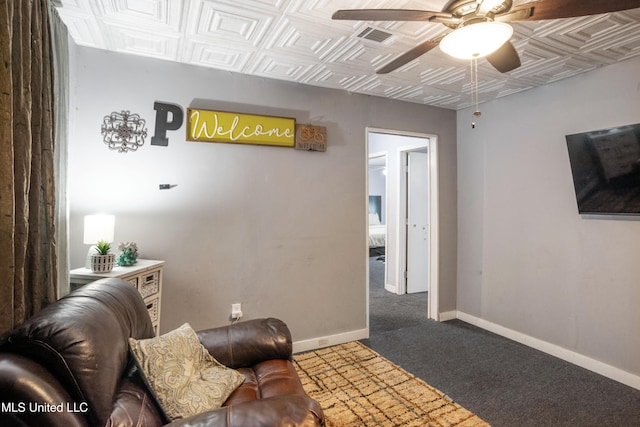 carpeted living area featuring an ornate ceiling, a ceiling fan, baseboards, and visible vents