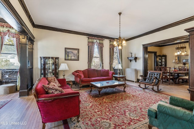 living room with a wealth of natural light, crown molding, light wood finished floors, and radiator heating unit