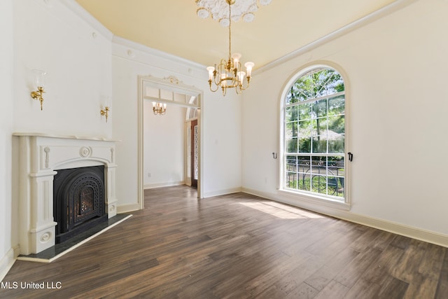 7635 Fairway Dr, Diamondhead, MS 39525 - unfurnished living room with a chandelier, a fireplace, wood finished floors, and baseboards