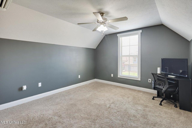 244 Hidden Hills Pkwy, Brandon, MS 39047 - unfurnished office with vaulted ceiling, carpet flooring, a ceiling fan, and a textured ceiling