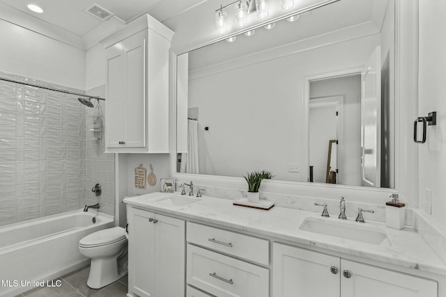 bathroom featuring a sink, visible vents, toilet, and bathtub / shower combination