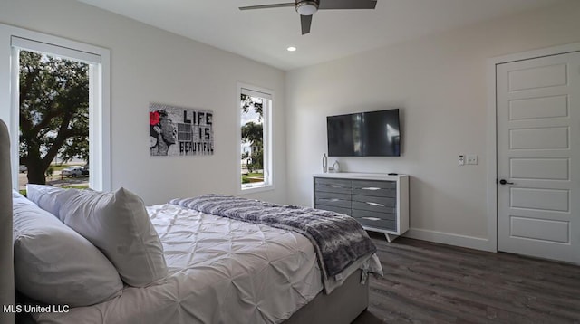 132 Markham Dr, Gulfport, MS 39507 - bedroom with baseboards, dark wood-type flooring, recessed lighting, and a ceiling fan