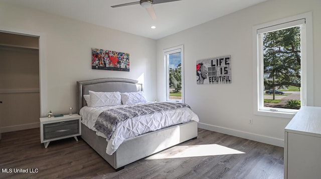 132 Markham Dr, Gulfport, MS 39507 - bedroom featuring baseboards, dark wood-style flooring, a ceiling fan, and recessed lighting
