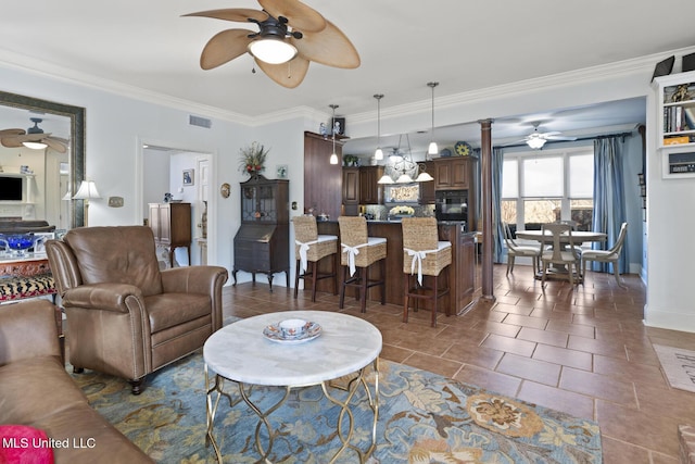 tiled living room with crown molding