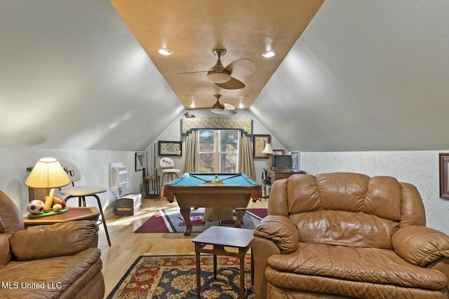 playroom featuring light wood-type flooring, ceiling fan, lofted ceiling, and billiards