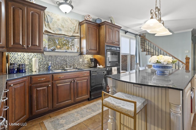 kitchen with black appliances, a center island, crown molding, and sink