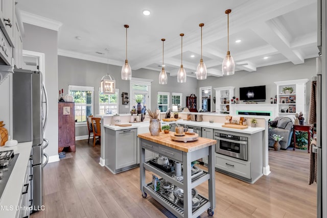 12578 Alphabet Rd, Gulfport, MS 39503 - kitchen featuring stainless steel appliances, gray cabinets, beam ceiling, open floor plan, and recessed lighting
