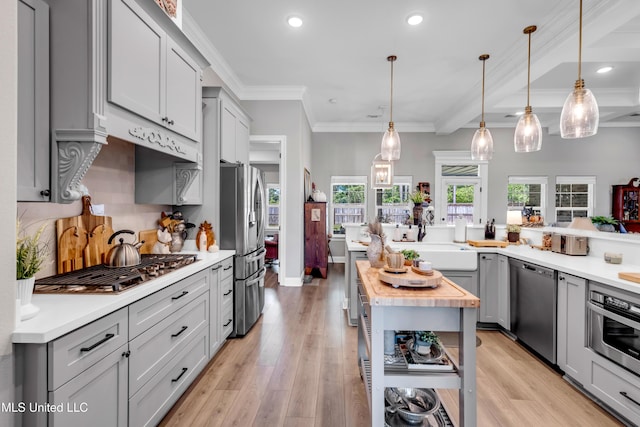 12578 Alphabet Rd, Gulfport, MS 39503 - kitchen with stainless steel appliances, gray cabinetry, recessed lighting, light wood-style floors, and a sink