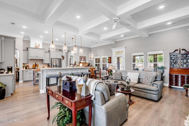 12578 Alphabet Rd, Gulfport, MS 39503 - living room with beamed ceiling, ceiling fan, light wood-type flooring, coffered ceiling, and recessed lighting