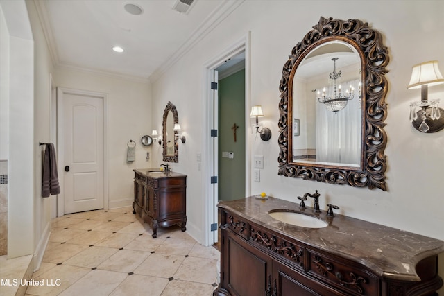 4666 Eiffel Ln, Nesbit, MS 38651 - full bathroom featuring two vanities, crown molding, a chandelier, baseboards, and tile patterned floors