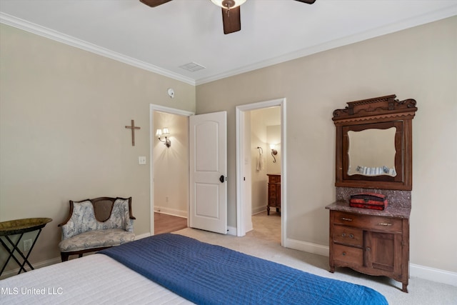 4666 Eiffel Ln, Nesbit, MS 38651 - bedroom with light colored carpet, crown molding, baseboards, ceiling fan, and connected bathroom