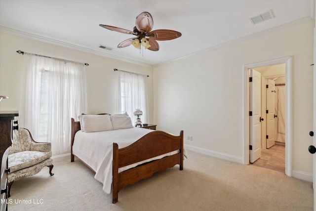 4666 Eiffel Ln, Nesbit, MS 38651 - bedroom featuring crown molding, light colored carpet, baseboards, a ceiling fan, and connected bathroom
